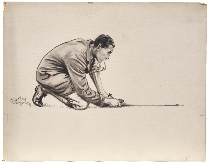 Charles Napier Ambrose, British 1876-1946- Lionel Munn; brush and black ink and wash on grey coloured paper, signed, inscribed on the reverse in pencil, 22.5 x 29 cm: together with five other drawings/original artworks for illustration of golfers...
