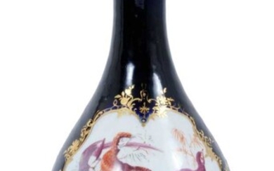 Chelsea bottle vase, circa 1760, decorated with exotic birds on a cobalt blue and gilt-patterned ground, gilt anchor mark to base, 21cm high