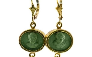 Cherub Angel Cameo Pearl Earrings Green Lava 18K Gold