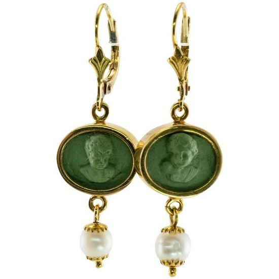 Cherub Angel Cameo Pearl Earrings Green Lava 18K Gold
