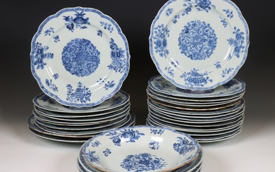 China, a composite blue and white porcelain part 'peony and pomegranate' dinner service, Qianlong period (1736-1795)