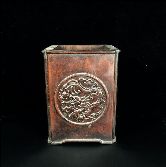 Chinese Carved Huali Wooden Dragon Brush Pot