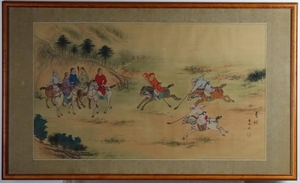 Chinese Export Polo Players Silk Scroll Painting