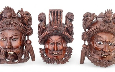 Chinese Hand Carved Rosewood with Inset Glass And Bone Masks, Early to Mid 20th C., "Three