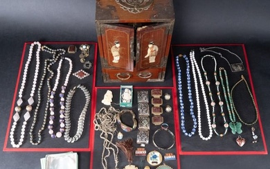 Chinese Large Costume Jewelry Collection w/ Cabinet Bangles Rings Brooches etc