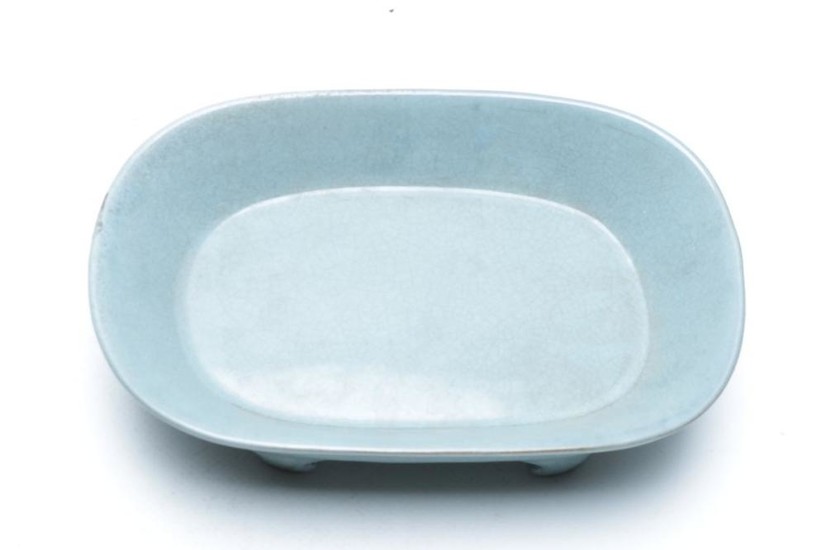 Chinese Ru style Glazed Oval Shaped Ceremonial Bowl Raised on Four Feet, mark to base, H5.5cm, W19.5cm D12.5cm