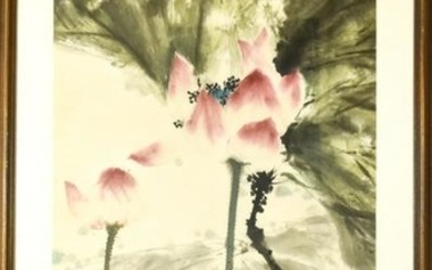 Chinese Watercolor & Ink Painting of Lotus Flowers