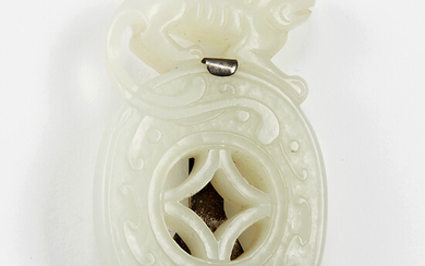 Chinese White Jade Dog Pendant Silver Pin