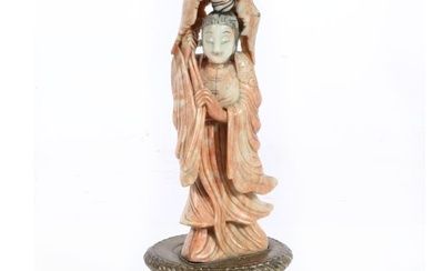Chinese carved stone figure of Guanyin on brass lamp base. 14 1/2"H x 6 1/2"W