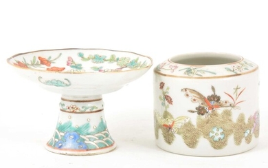 Chinese porcelain footed dish and a porcelain cylindrical jar