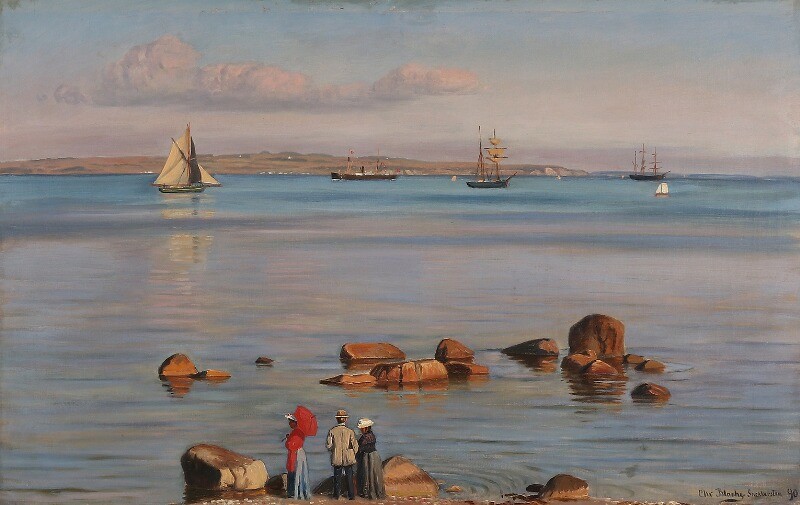Christian Blache: Coastal scene with figures watching the ships passing by. Signed and dated Chr. Blache 90. Oil on canvas. 60.5×95 cm.