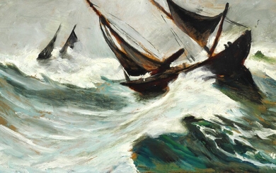 Christian Krohg: Ships in a hurricane. Signed C. Krohg (in one word). Oil on panel. 24×43 cm.