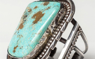 Chunky Native American Sterling & Turquoise Cuff Bracelet