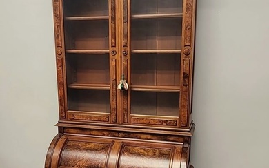 Circa 1870's Burl Walnut American Cylinder Roll Top Secretary with bookcase above & pull out work