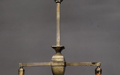 Circa 1915 Solid Brass Mission Style 2 Arm Ceiling Fixture with antique slag glass shades . H 29" w