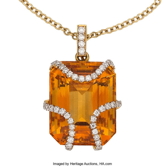 Citrine, Diamond, Gold Pendant-Necklace The pendant features an emerald-shaped...