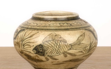 Cizhou-type small ovoid vase Chinese painted with scaled fish within...