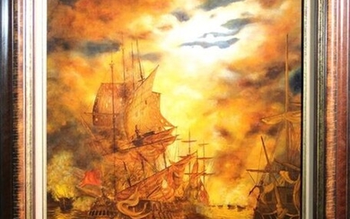 Claude Fineli. Bataille navale de Chio. HSToile. Signée et désignée. 92 x 73 cm.