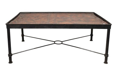 Coffee Table with Iron Base, 18th c. Carved & Painted Wood Panels As Surface, 20"h x 49"w x 34"d