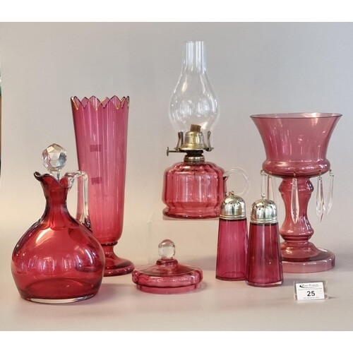 Collection of cranberry glass items to include; single handl...