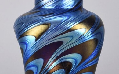 Czech Glass (late 20th Century) blue and black glass vase with dimpled side and iridescent surface finish. Circa 1970. Height 20 cm.