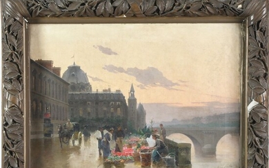 DARIEN Henri-Gaston. (1864-1926). « Paris, le marché aux fleurs ». Huile sur toile signée et...