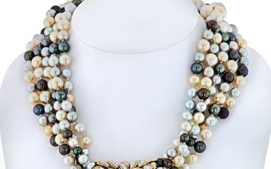 David Webb Platinum & 18K Yellow Gold 5 Multi-Colored Pearl String Torsade Diamond Necklace