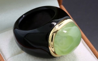 Designer-Ring - 14 kt. Gold - Ring Ring with a large prehnite and black agate band