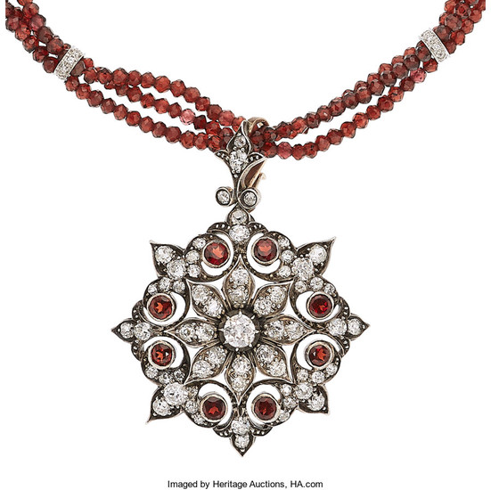 Diamond, Garnet, Silver-Topped Gold, White Gold Pendant-Necklace The...