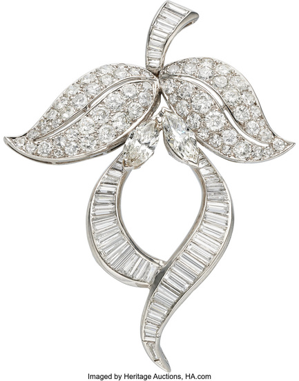 Diamond, Platinum, White Gold Pendant-Brooch Stones: Full and single-cut...