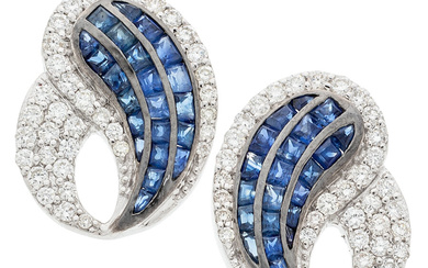 Diamond, Sapphire, White Gold Earrings Stones: Full-cut diamonds weighing...