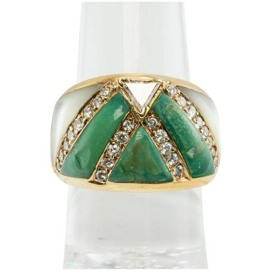 Diamond Turquoise Ring Mother of Pearl 18K Gold Vintage