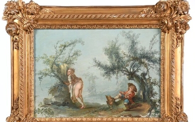 ÉCOLE FRANCAISE du XVIIIè. « Scène coquine ». Huile sur toile. H.31 L.44.