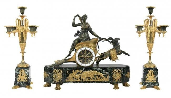 EMPIRE STYLE BRONZE AND MARBLE CLOCK SET
