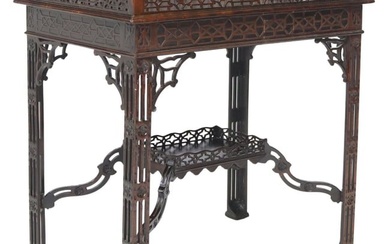 ENGLISH CHINESE CHIPPENDALE STYLE FRET-CARVED MAHOGANY SILVER TABLE