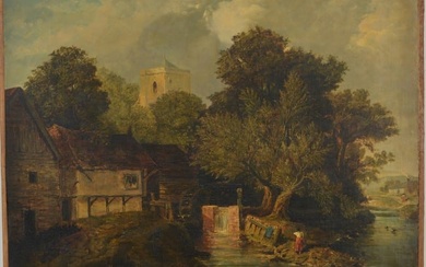 Early 19th century British school landscape with a figure and ducks by a mill building. Oil on
