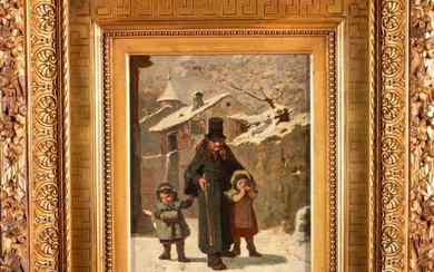 Ecole Française du XIXème, Personnages dans une ruelle enneigée, huile sur panneau, 24,5x18cm