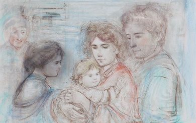 Edna Hibel Lithograph With Pastel Family Portrait