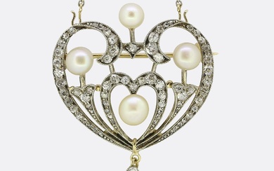 Edwardian Natural Pearl and Diamond Brooch Lavaliere Necklace