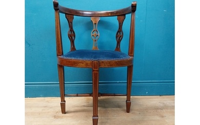 Edwardian mahogany and satinwood arm chair with velvet uphol...