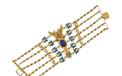 Egyptian Revival Gold, Enamel and Gem-Set Bracelet