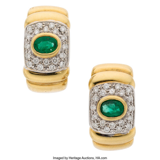 Emerald, Diamond, Gold Earrings The earrings feature oval-shaped emeralds...