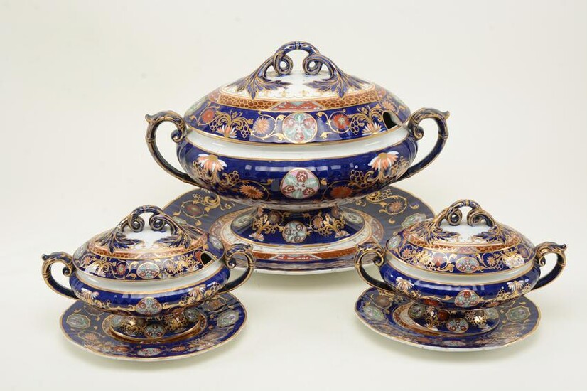 English Ironstone Covered Tureens and Trays. One large