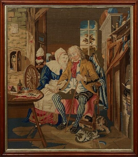 English Needlepoint Parlor Scene, early 20th c.