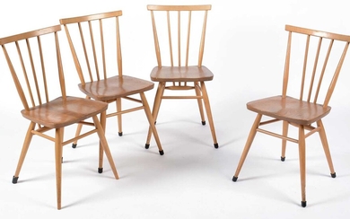 Ercol: set of four elm and beech No. 391 all-purpose Windsor chairs.