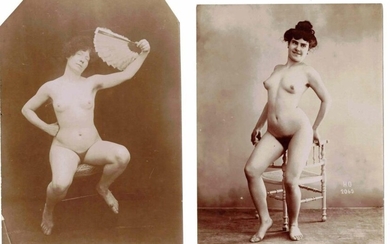 Eroticism, charm, pornography, studio nude studies. Circa 1900-1970. Set of about fifteen different prints (albumen and silver). On the back and/or front of some visuals, annotations.