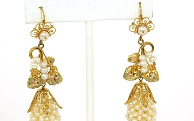 Estate Freshwater Pearls 10k Yellow gold Floral Drop Dangle Earrings