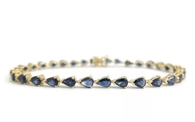 Estate Pear Blue Sapphire Gemstone Tennis Bracelet 14K Yellow Gold, 8.66 Grams