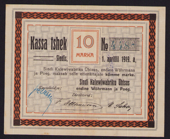 Estonia Sindi cloth mill 10 Marka 1919 local note