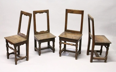FOUR SMALL 18TH CENTURY OAK DINING CHAIRS, with framed